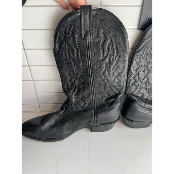 VTG Stitched Cowboy Boots Mens 10.5 EW Black Leather USA Western Pull On Wide - Picture 7 of 9